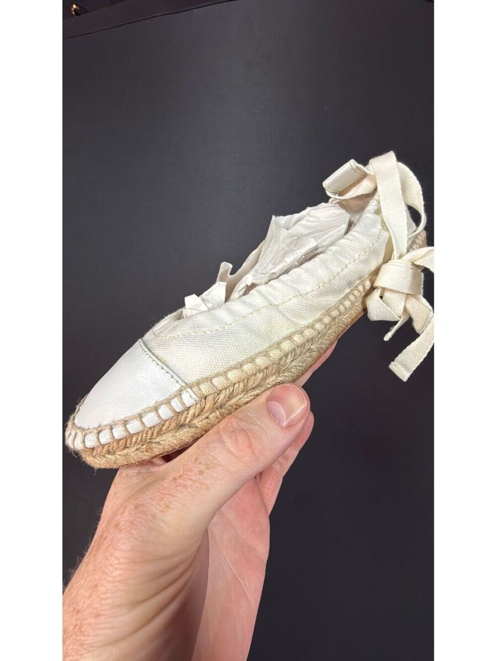 Hermes White Espadrille Flat w/Ankle Tie Size 37